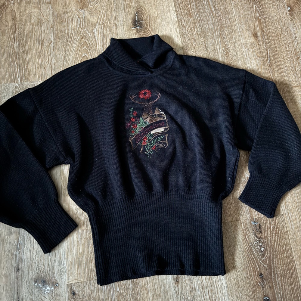 Bogner Vintage Black Wool Blend Sweater with‎ Embroidered Design Size S